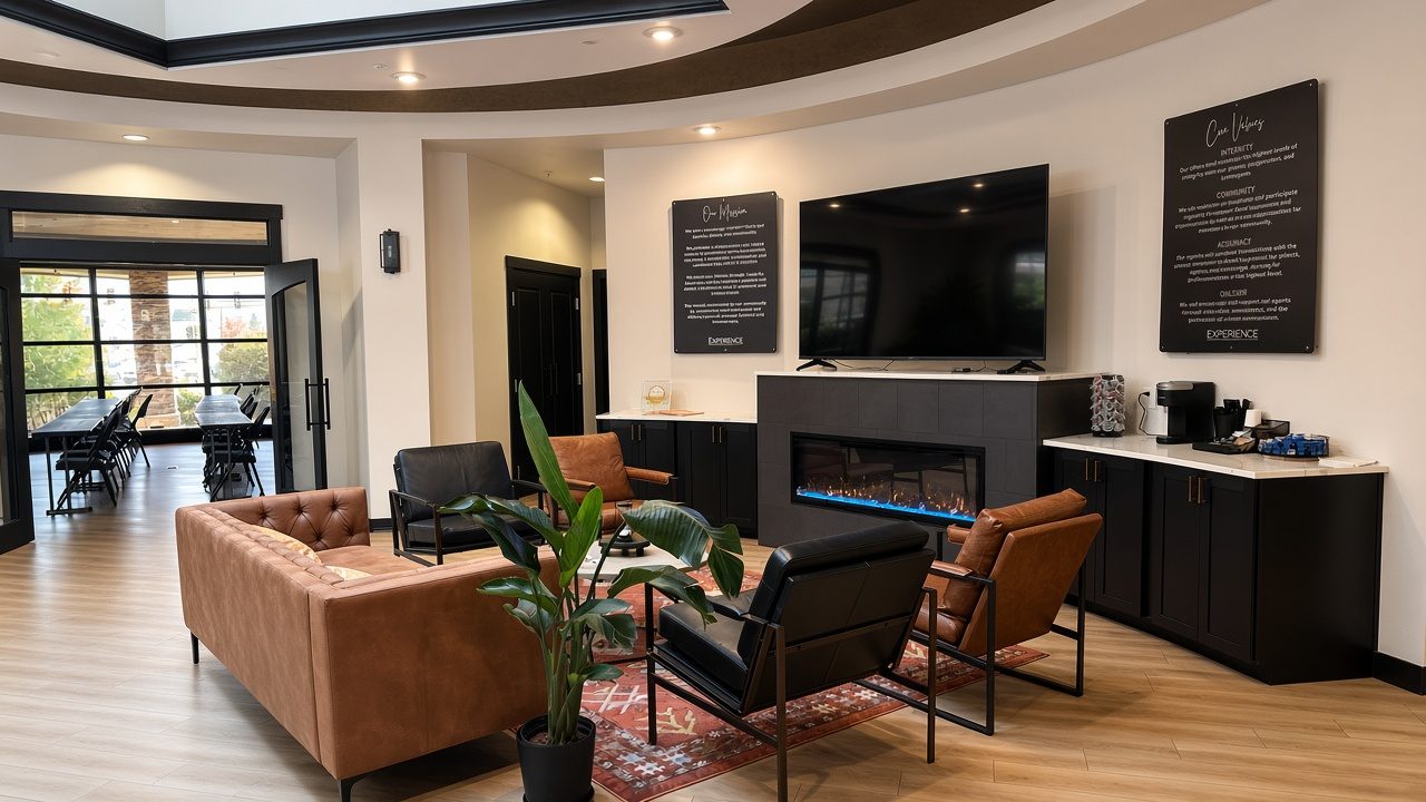 Lounge and fireplace in the office on Hanley Avenue
